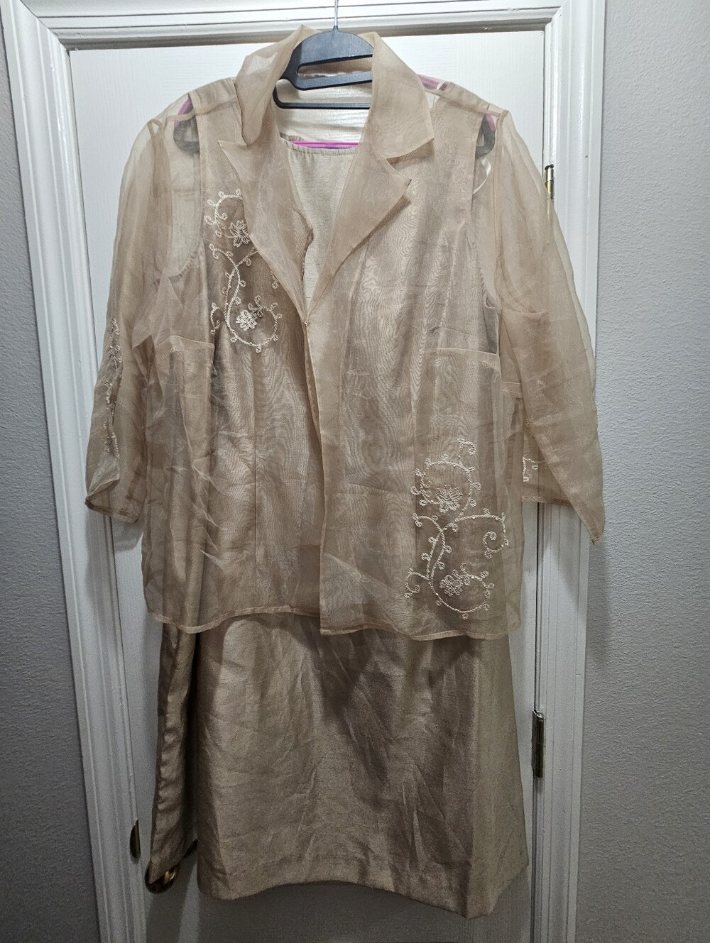 Sheer Embroidered Two-Piece Dress Set in Champagne